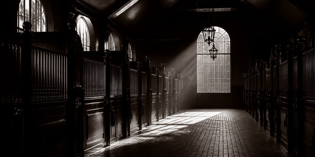 Allée d’une écurie privée en chêne sombre, lumière du matin par les fenêtres