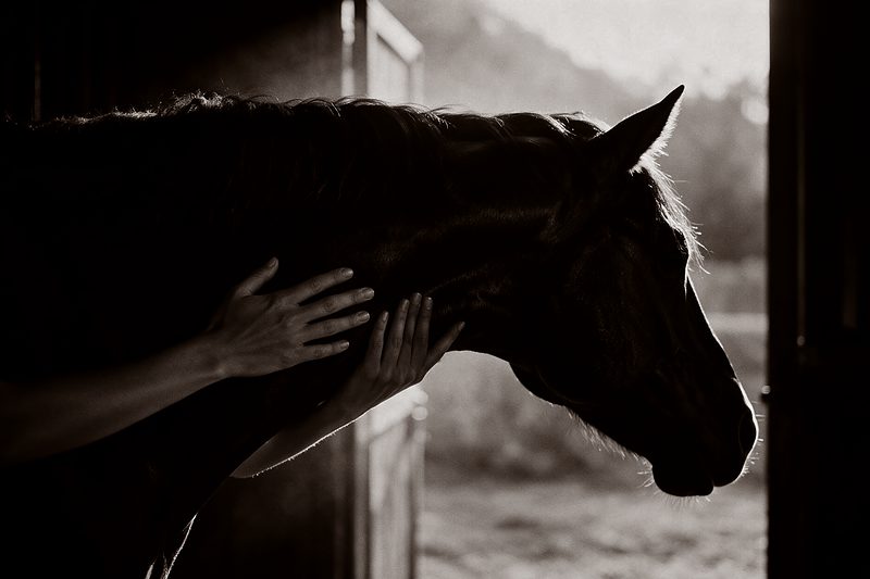 Mains posées avec précision sur l’encolure d’un cheval, à contre-jour dans une écurie